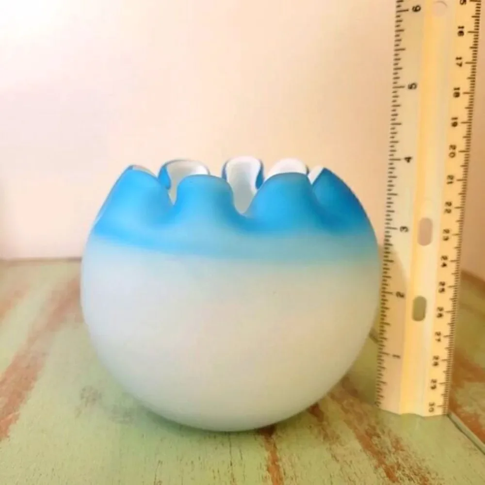 Fenton Blue Satin Glass Crimmped Ruffle Edge MCM Art Glass Bowl